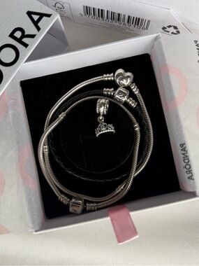 Pandora Bracelet Set – 3 Bracelets + Crown Charm (Sterling Silver & Leather)